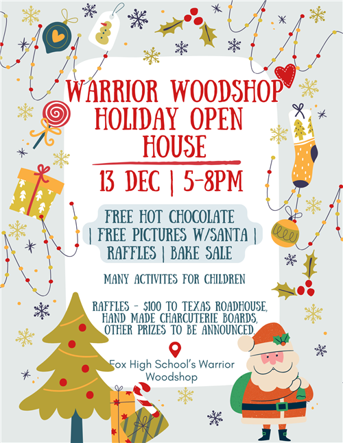Flier for Warrior Woodshop Holiday Open House Dec 13 5-8 pm